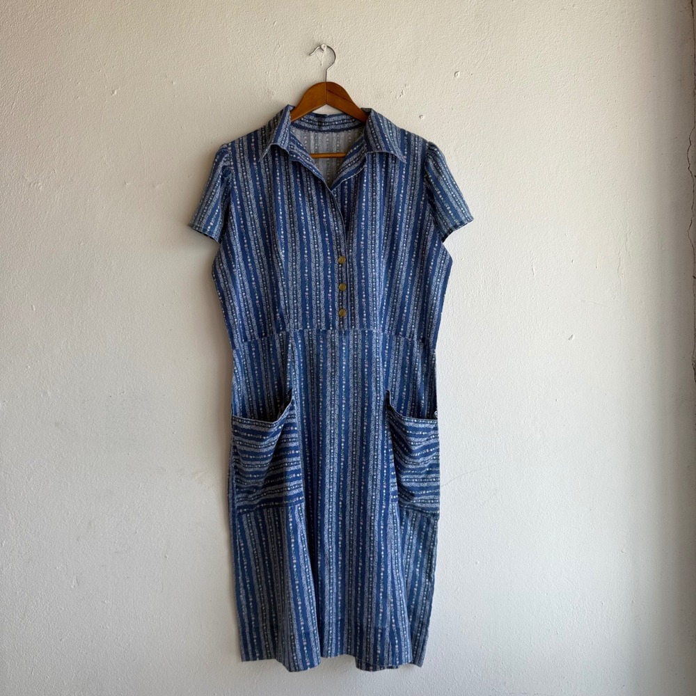 Vintage Handmade Womens XL Blue Floral Stripe Short Sleeve Shirt Dress Pockets
